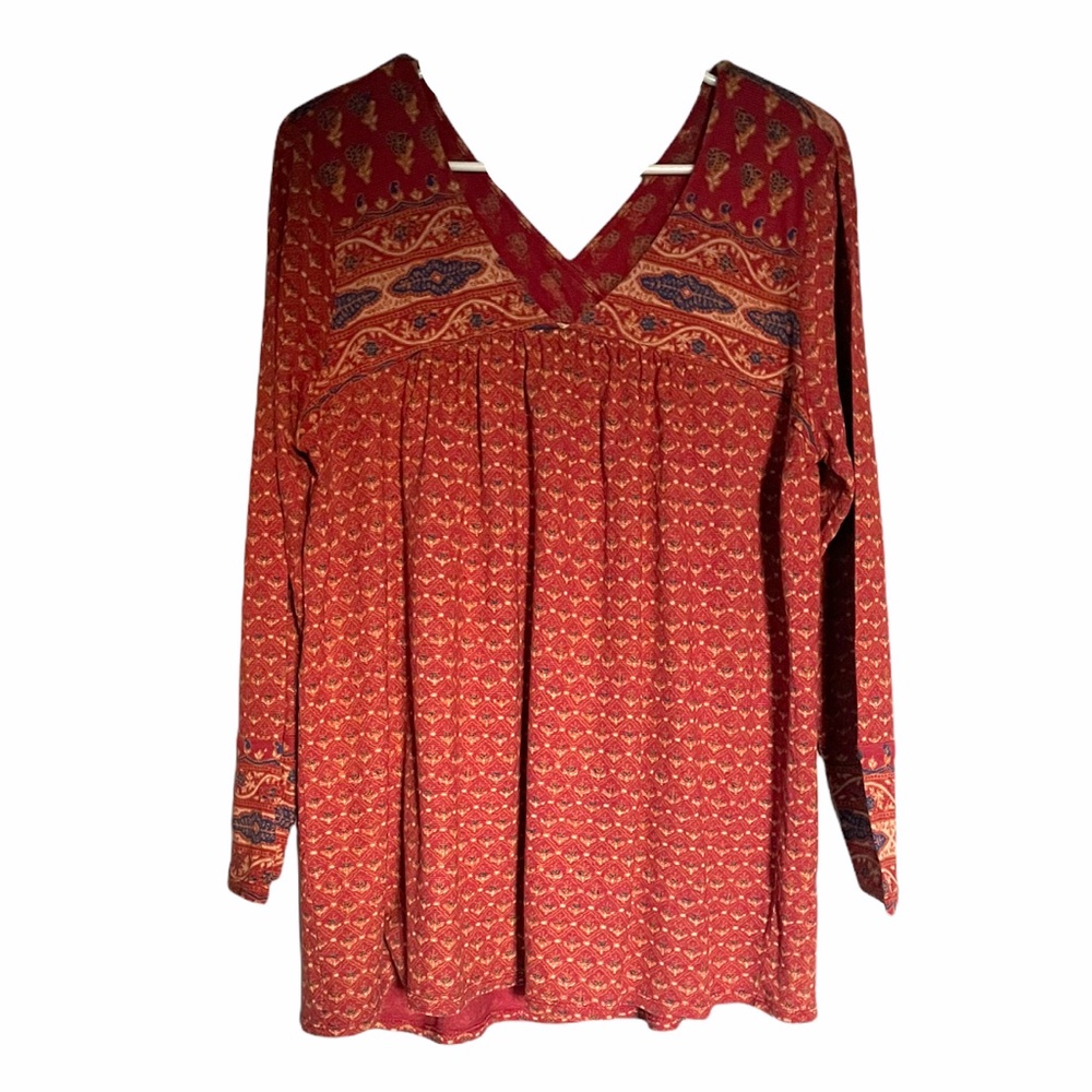 Lucky Brand Size Large Long Sleeve Red Pattern Blouse